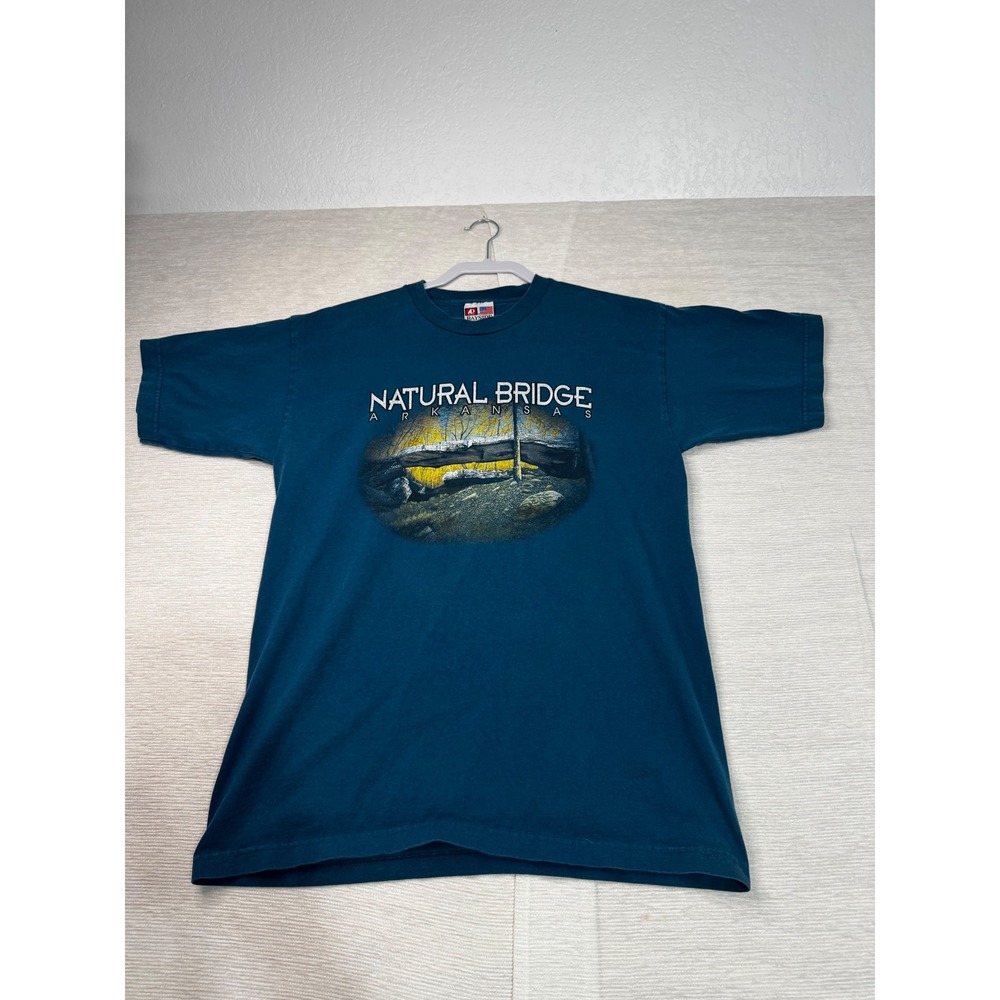 Vintage Bayside Natural Bridge Arkansas Graphic T-Shirt Mens Large Teal USA Made